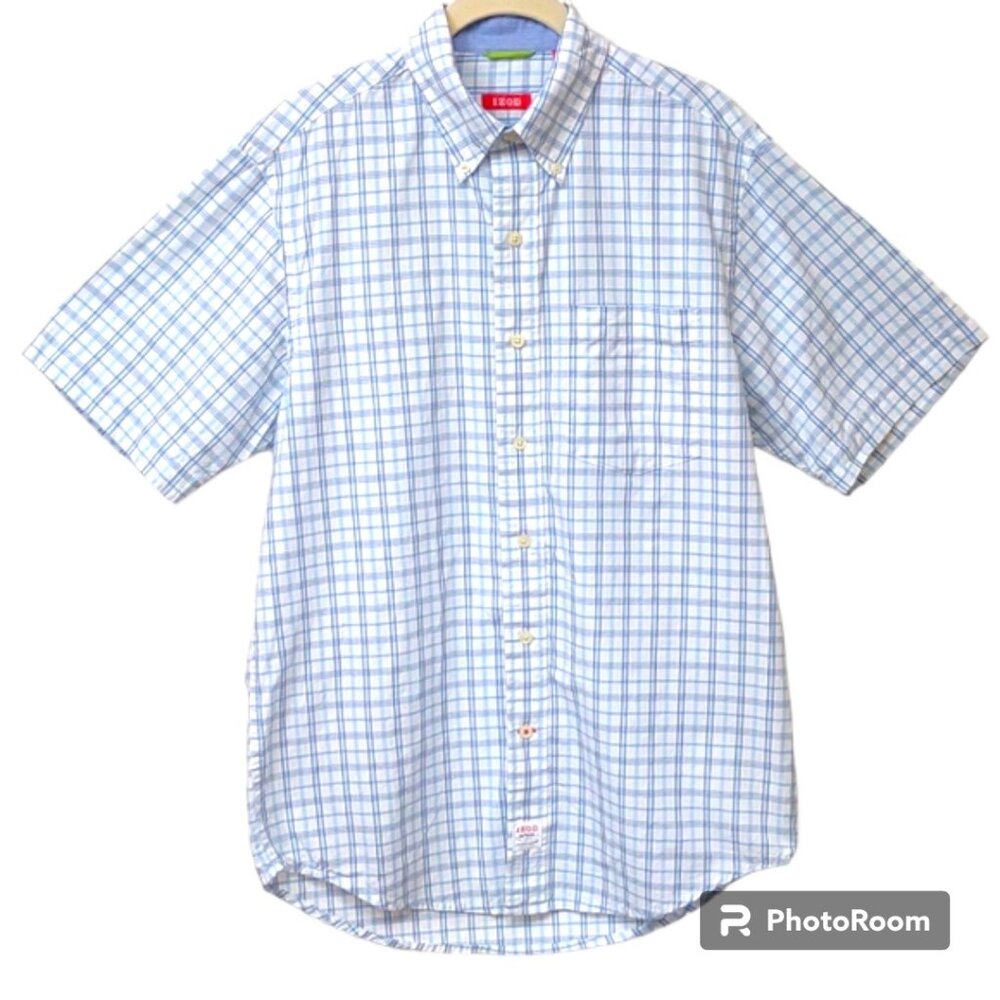 Men's IZOD Saltwater SS BD All Cotton Blue/White Plaid Soft Lightweight Shirt